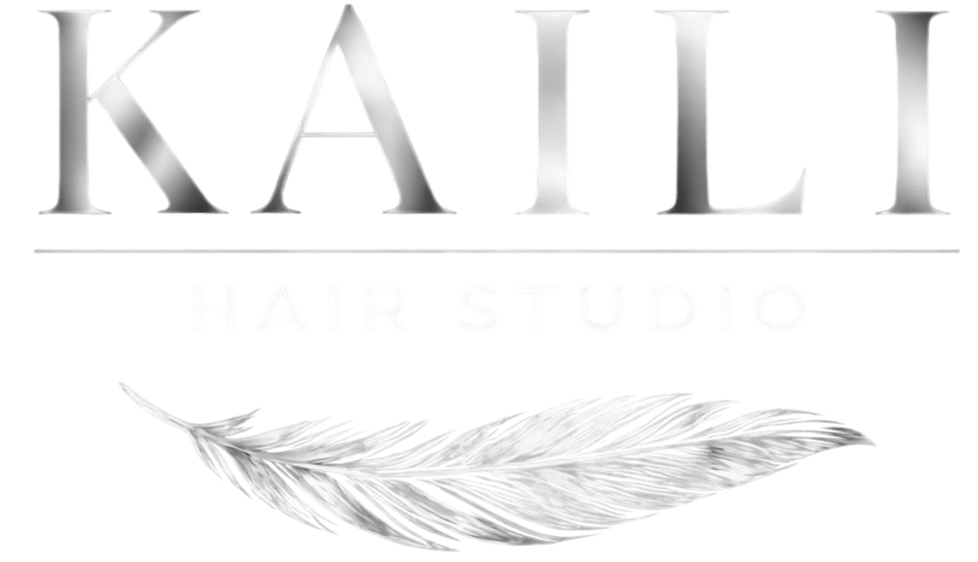 Kaili Hair Studio logo, our name with a silver feather underneath